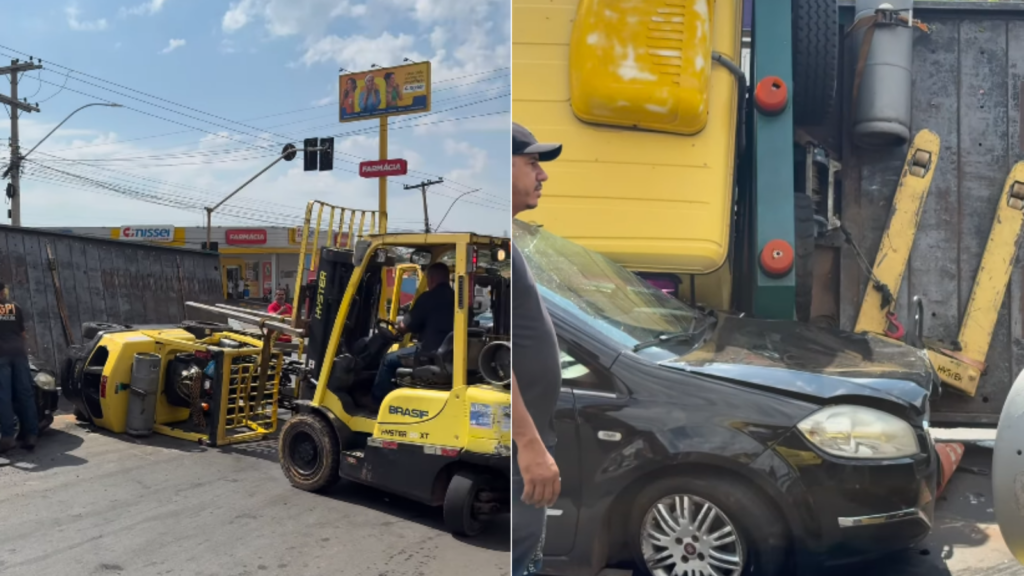 Caminhão carregado com empilhadeira perde o freio e atinge carro na Avenida Marechal Rondon