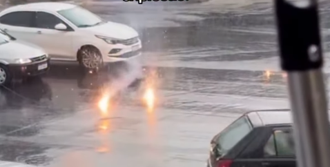 Chuva forte em Goiânia causa explosão de transformador e cabo de energia pega fogo na T-7
