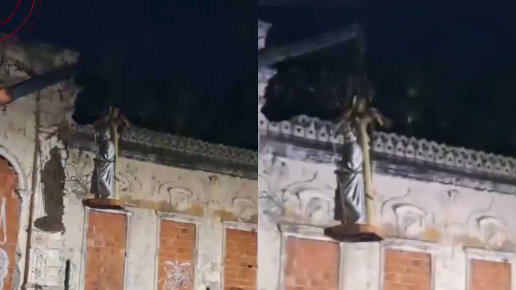 Imagem da Sagrada Família caí durante remoção de prédio centenário em Fortaleza. Veja vídeo