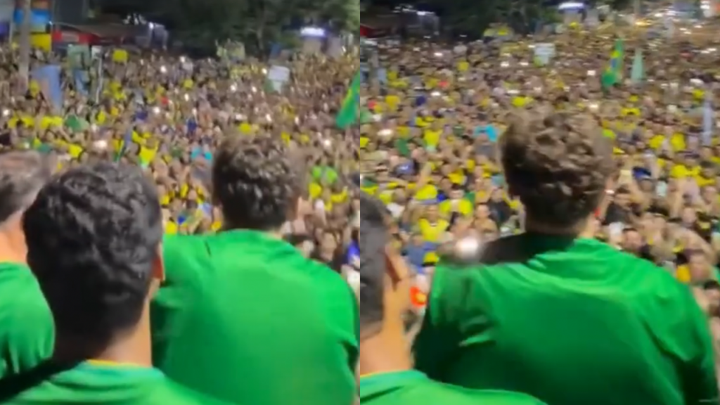 Nikolas arremessa picanha para apoiadores e diz: “Lula não deu, Flávio sim”. Veja vídeo
