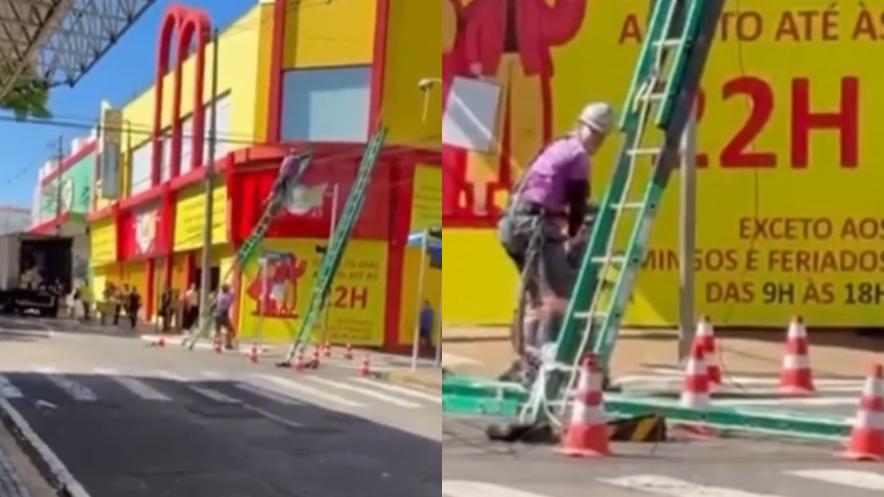 Amigo chuta escada e salva trabalhador após descarga elétrica; assista ao vídeo