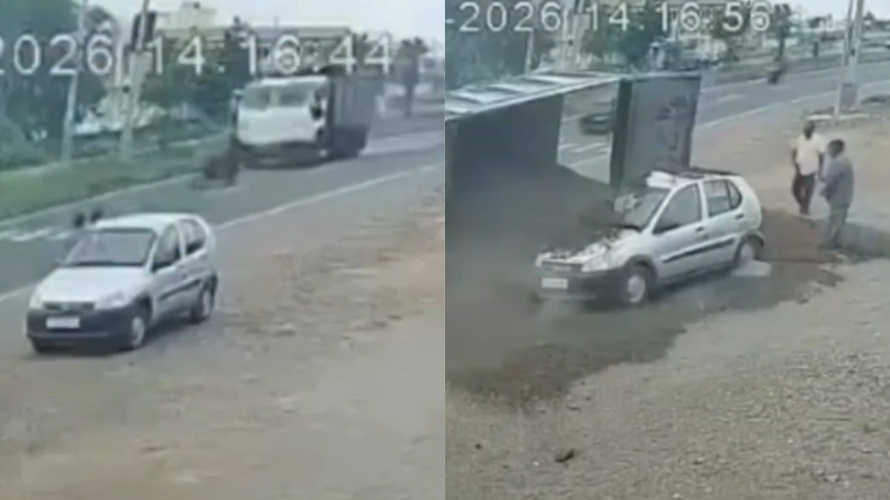 Vídeo: Caminhão com 15 toneladas de areia tomba sobre carro na Índia; duas pessoas fogem segundos antes