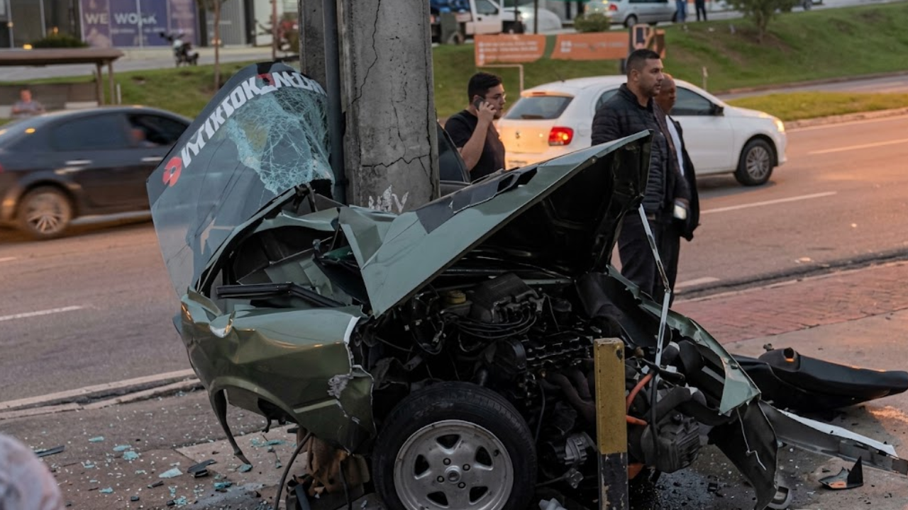 Vídeo: Carro se parte ao meio após colisão violenta com poste na BR-476