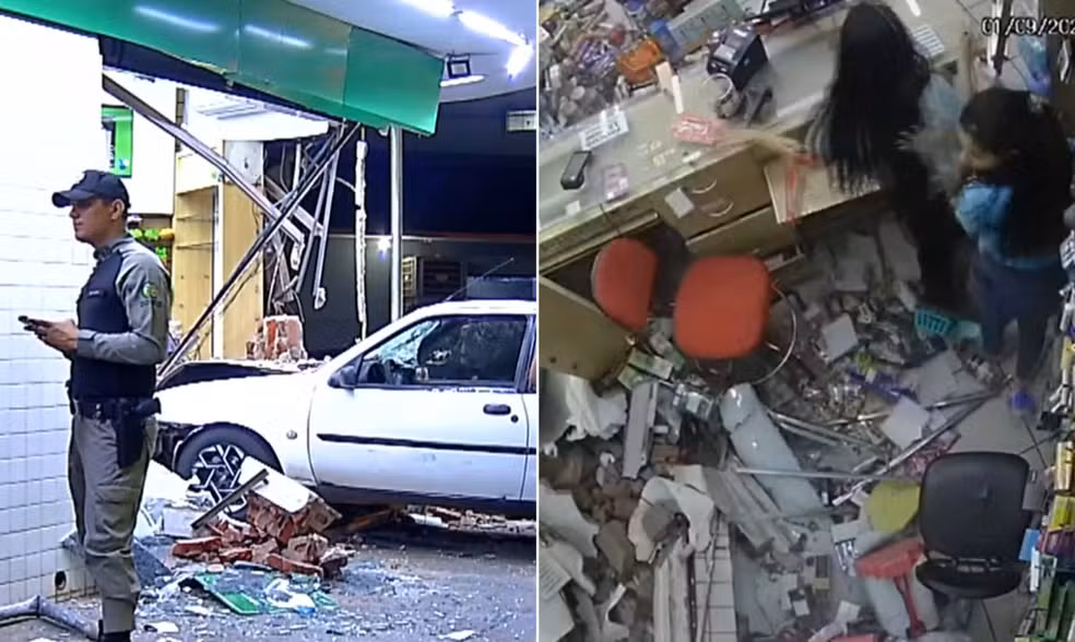 Carro invade farmácia em Anápolis e atinge funcionárias; imagens mostram momento do acidente
