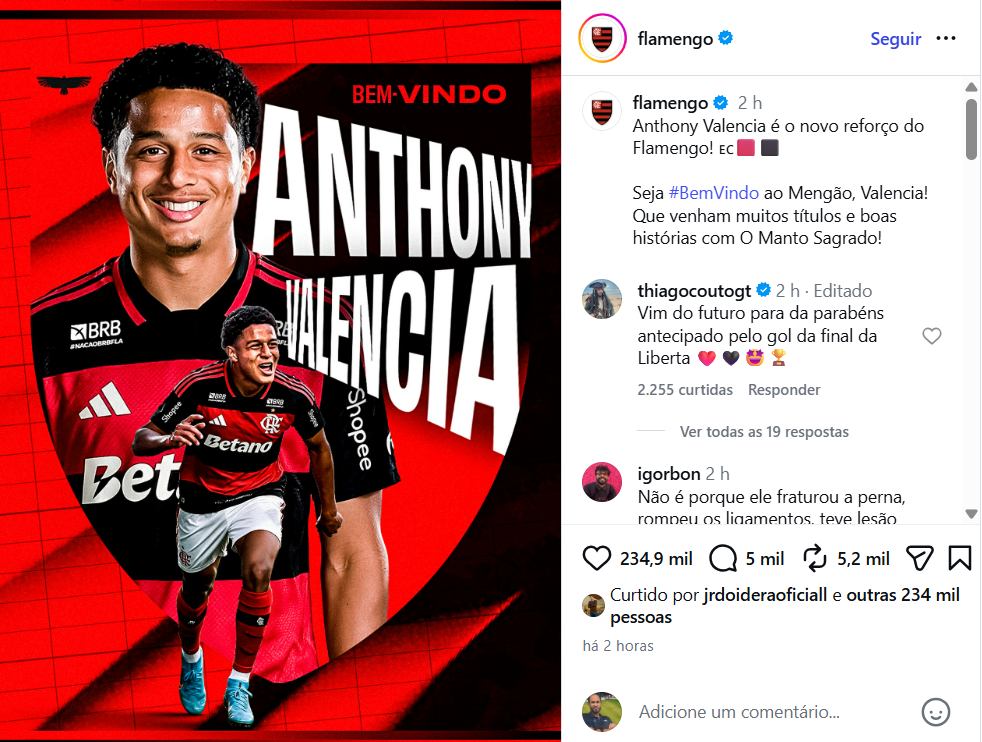 Flamengo anuncia a contratação do atacante Anthony Valencia