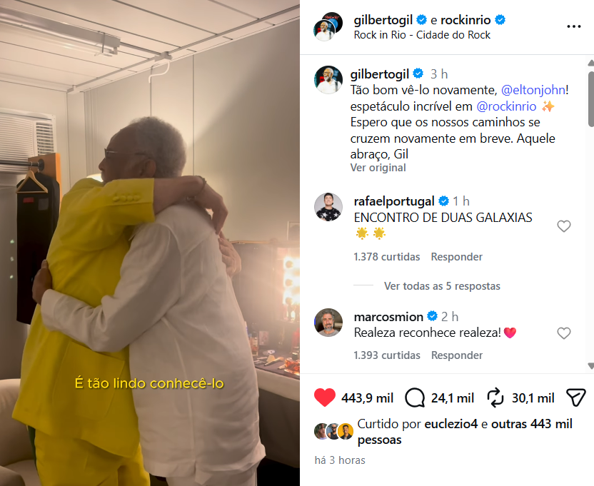 Vídeo: Gilberto Gil e Elton John se encontram nos bastidores do Rock in Rio