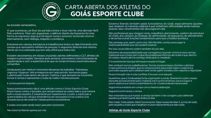 Goiás chega ao clássico com protesto por salários atrasados diante do Atlético-GO