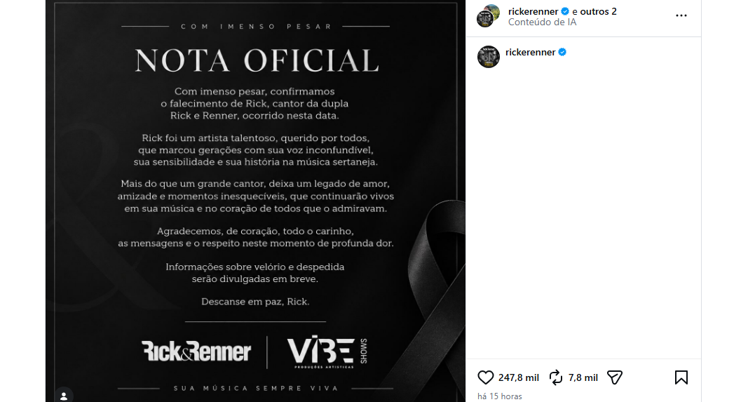 Equipe de Rick e Renner lamenta morte do cantor após queda de helicóptero em SC