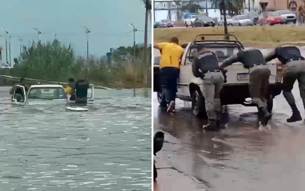 Policiais enfrentam enchente para salvar casal preso em carro em Goiás