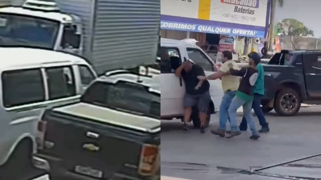 Vídeo: Batida de trânsito termina em briga com capacetada e facão em posto de Goiânia