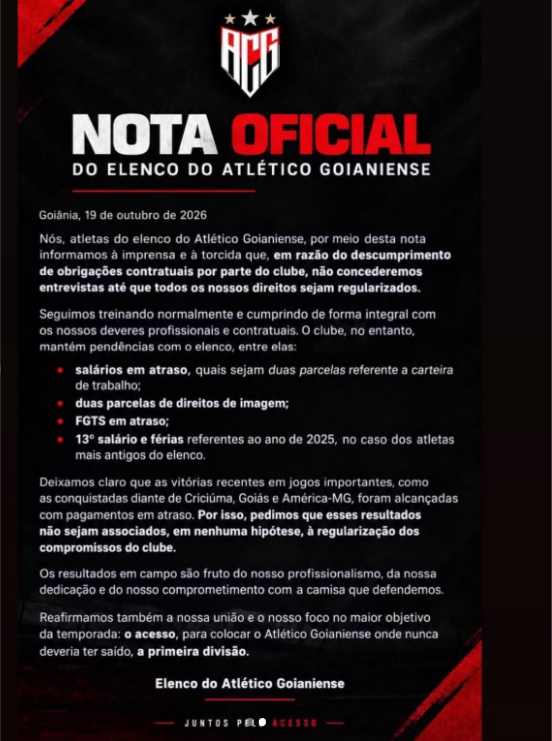 Jogadores do Atlético-GO suspendem entrevistas e cobram regularização de salários e direitos trabalhistas