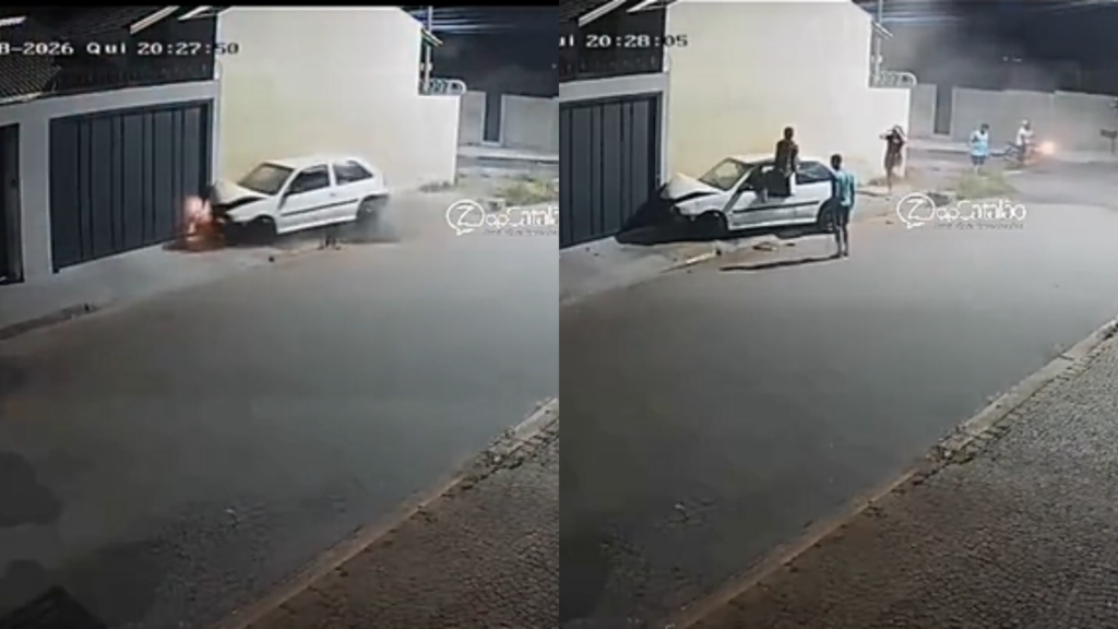 Câmera registra carro batendo contra muro de residência em Catalão. Veja vídeo
