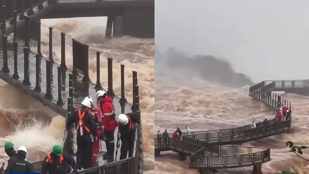 Vídeo: Trabalhadores se arriscam para retirar grades de passarela nas Cataratas do Iguaçu