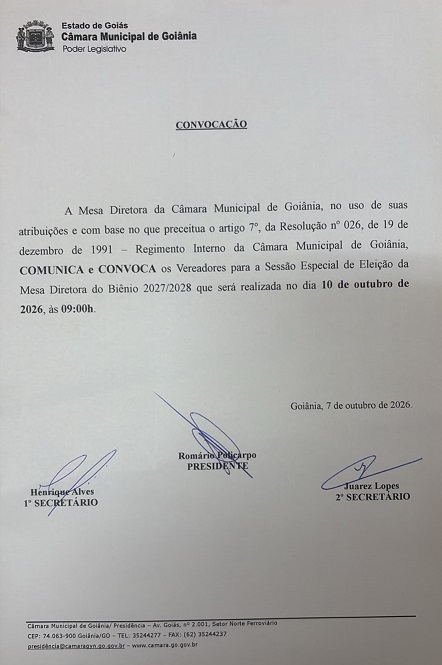 Policarpo convoca eleição para nova Mesa Diretora da Câmara de Goiânia