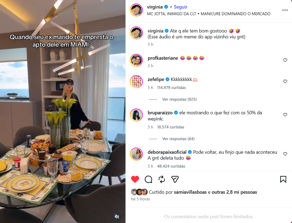 Virginia mostra apartamento de luxo de Zé Felipe em Miami e cantor reage à publicação